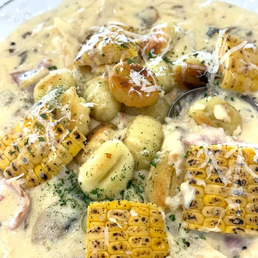 Cross-section of potato gnocchi, crispy outside and chewy inside