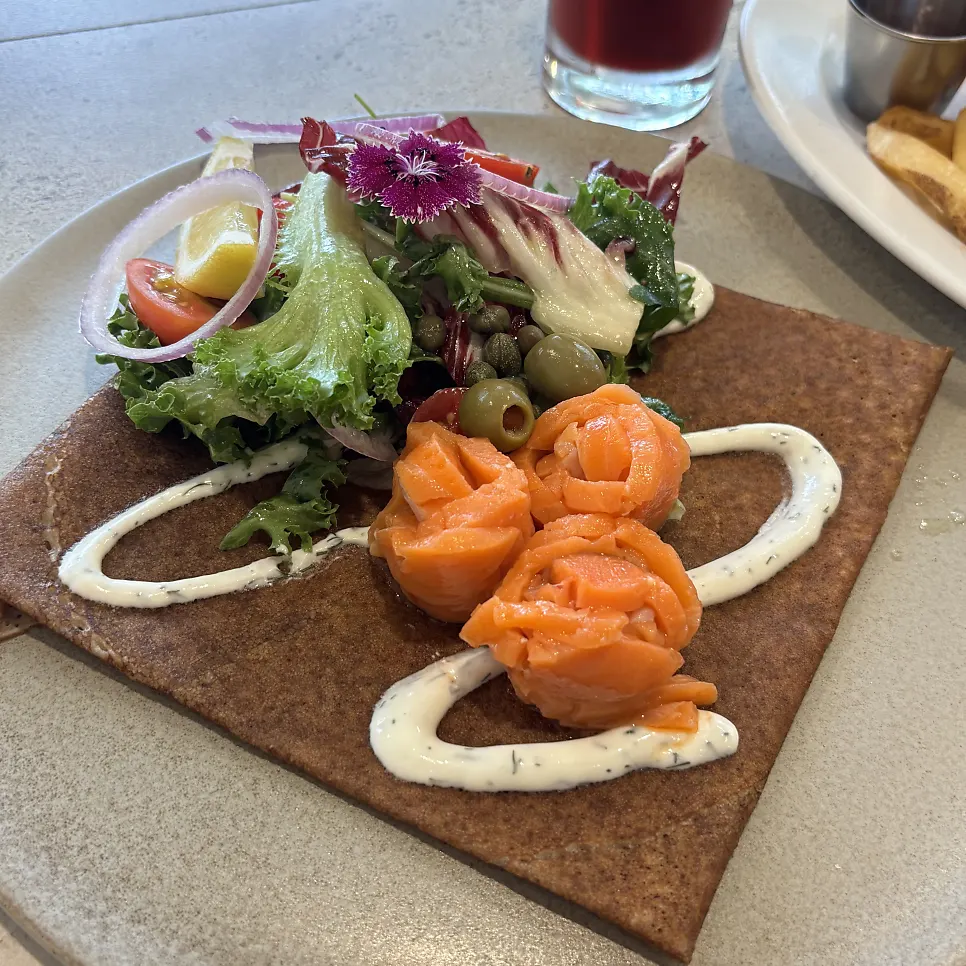 Smoked salmon galette, focaccia sandwich, and ABC juice