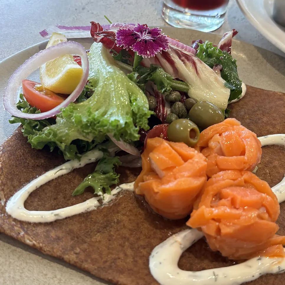 Smoked salmon galette topped with smoked salmon
