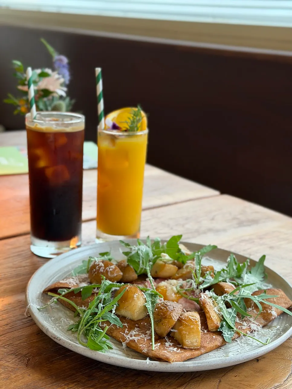 Drinks and brunch dishes on the table