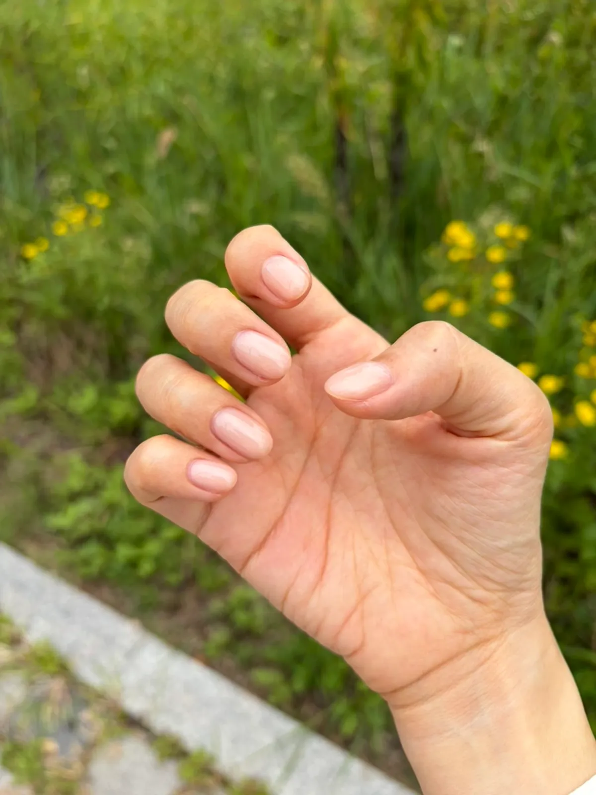 Nude-toned gel nails after final moisturizer application