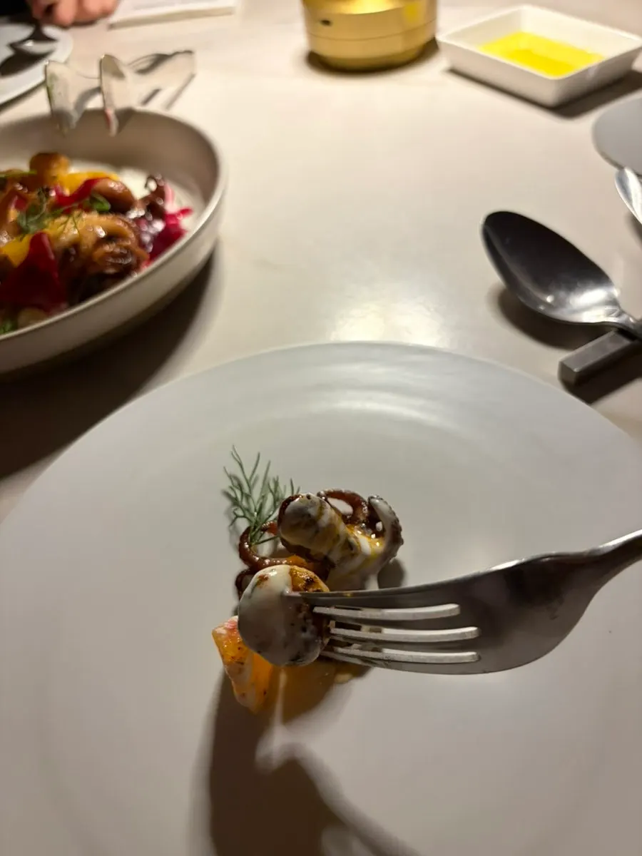 Close-up of the octopus potato dish