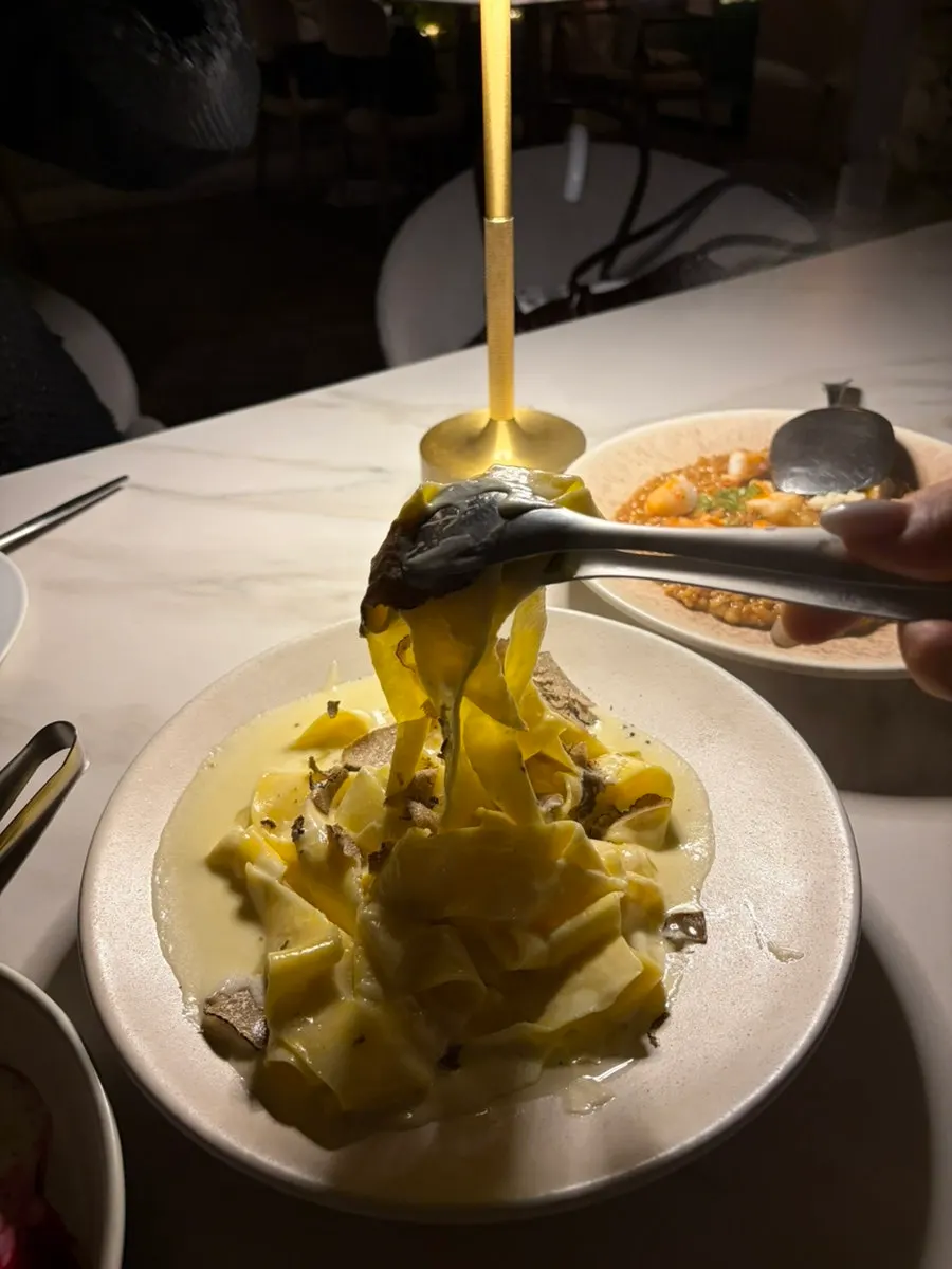 Close-up of thick fresh tagliatelle noodles