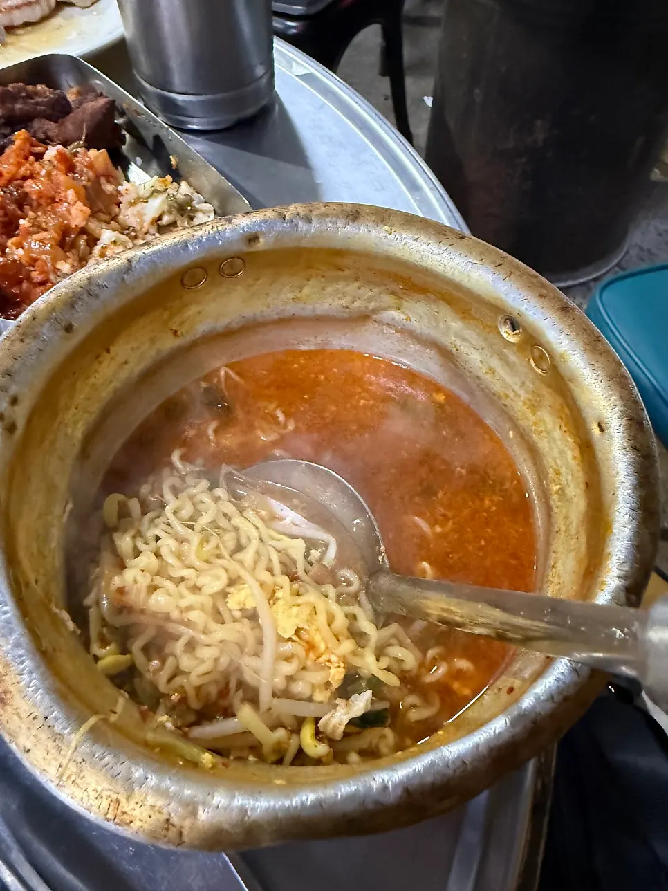 Pot ramyeon served in a metal pot