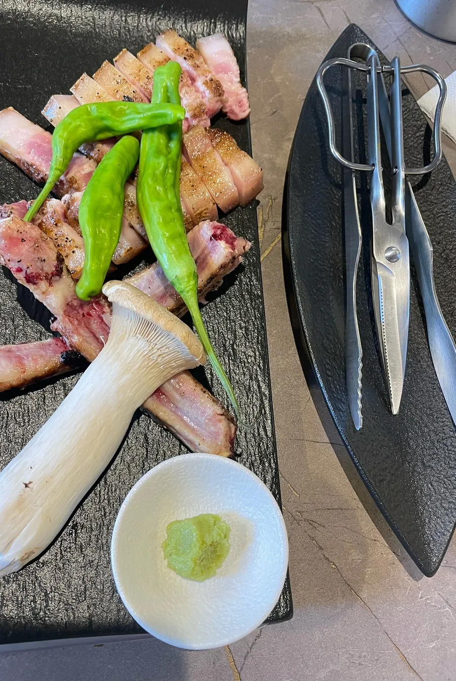 Close-up of a piece of bone pork belly at Chobeoljip
