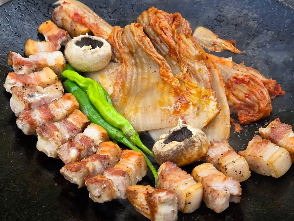 Thick-cut pork belly with a golden pre-seared surface