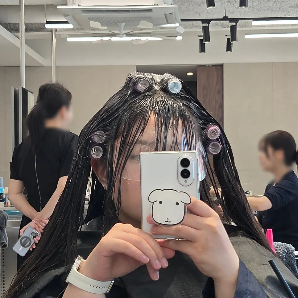중화 작업과 헤어롤을 꽂은 모습