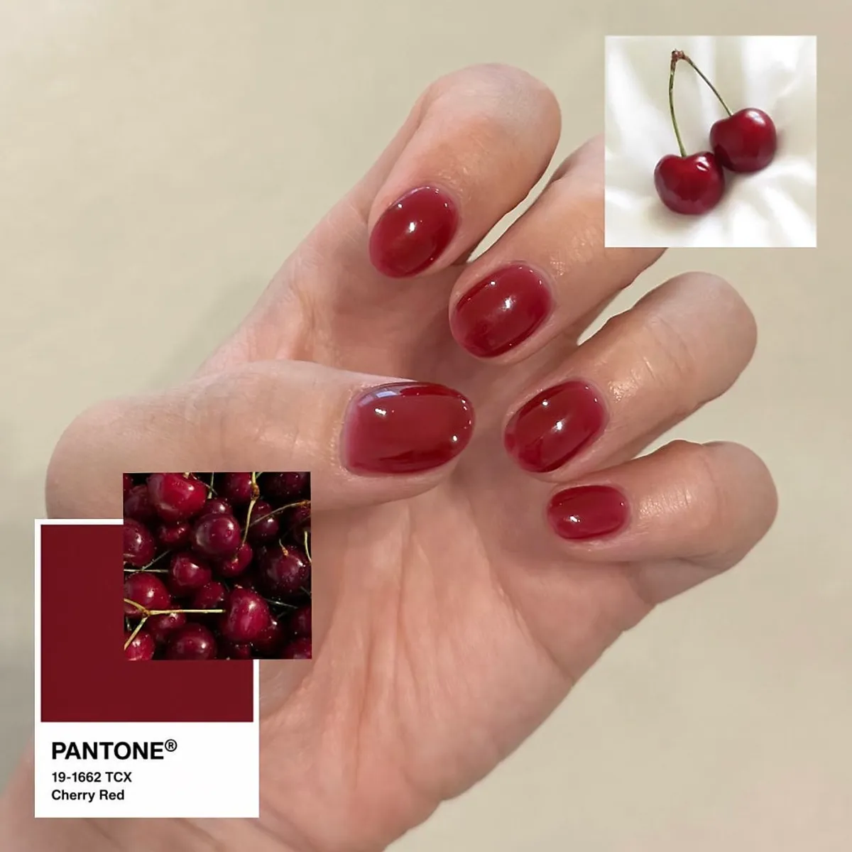 Hand photo of the autumn cherry red gel nails done at Naeil Didi