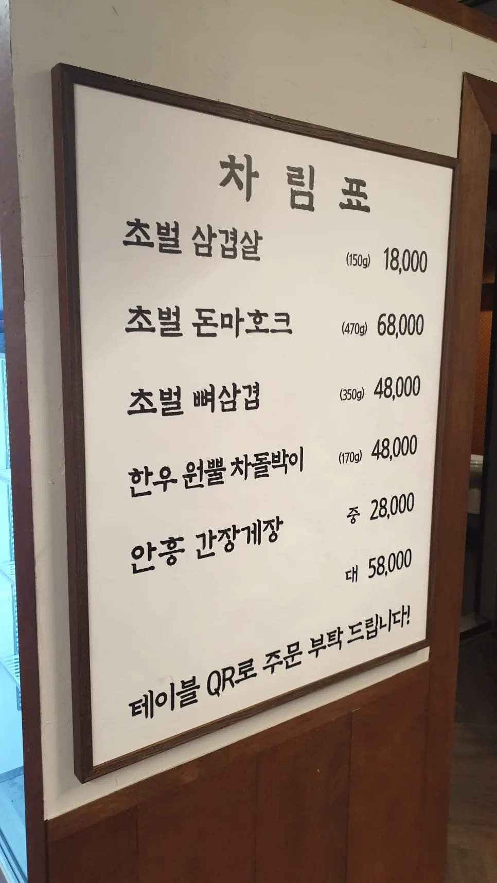 Large Chobeoljip menu board posted on the interior wall
