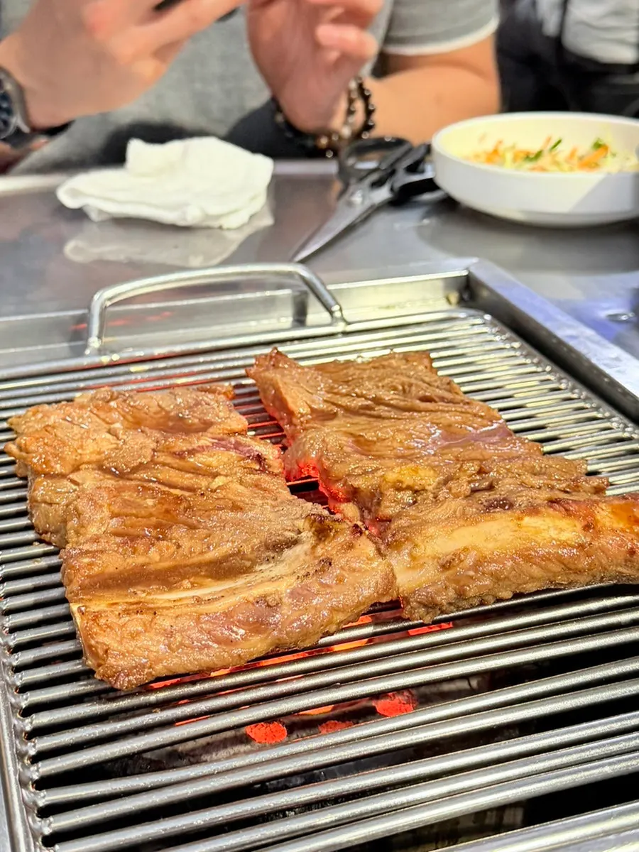 Pork king galbi browned nicely with marinade caramelizing