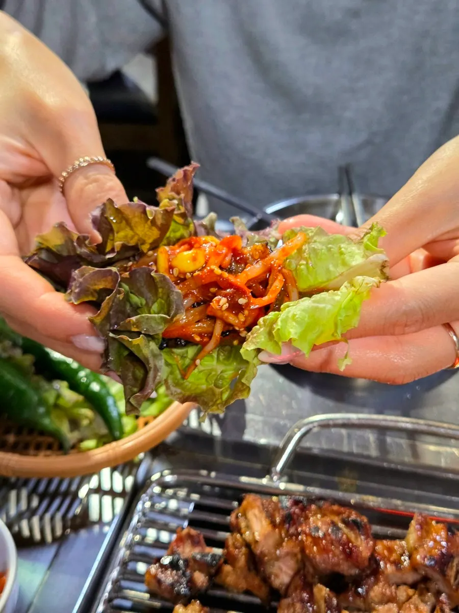 Charcoal-grilled pork king galbi wrapped in lettuce
