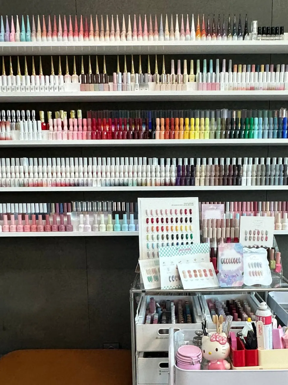 A variety of nail colors prepared at the salon