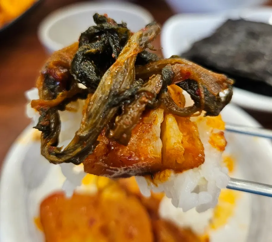 盛着鳕鱼干与干白菜的砂锅饭一勺