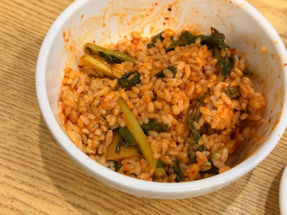 Barley rice mixed with yeolmu kimchi from the self-bar