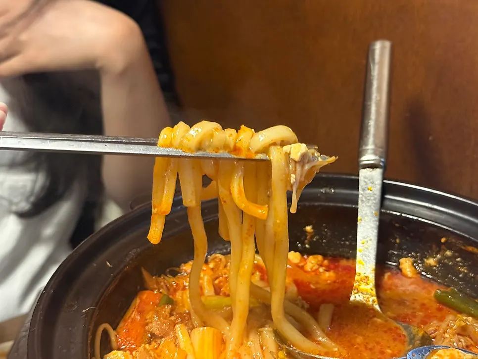 Hot pot filled up with added vegetables and udon noodles