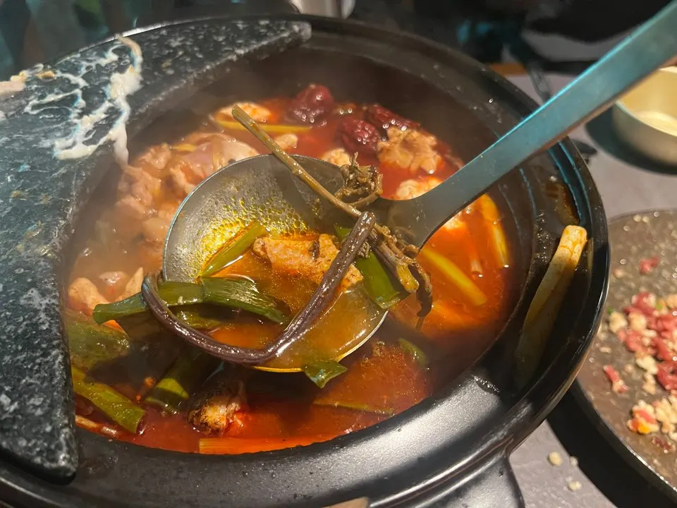 Green onion, bracken fern, and enoki mushroom in the hot pot