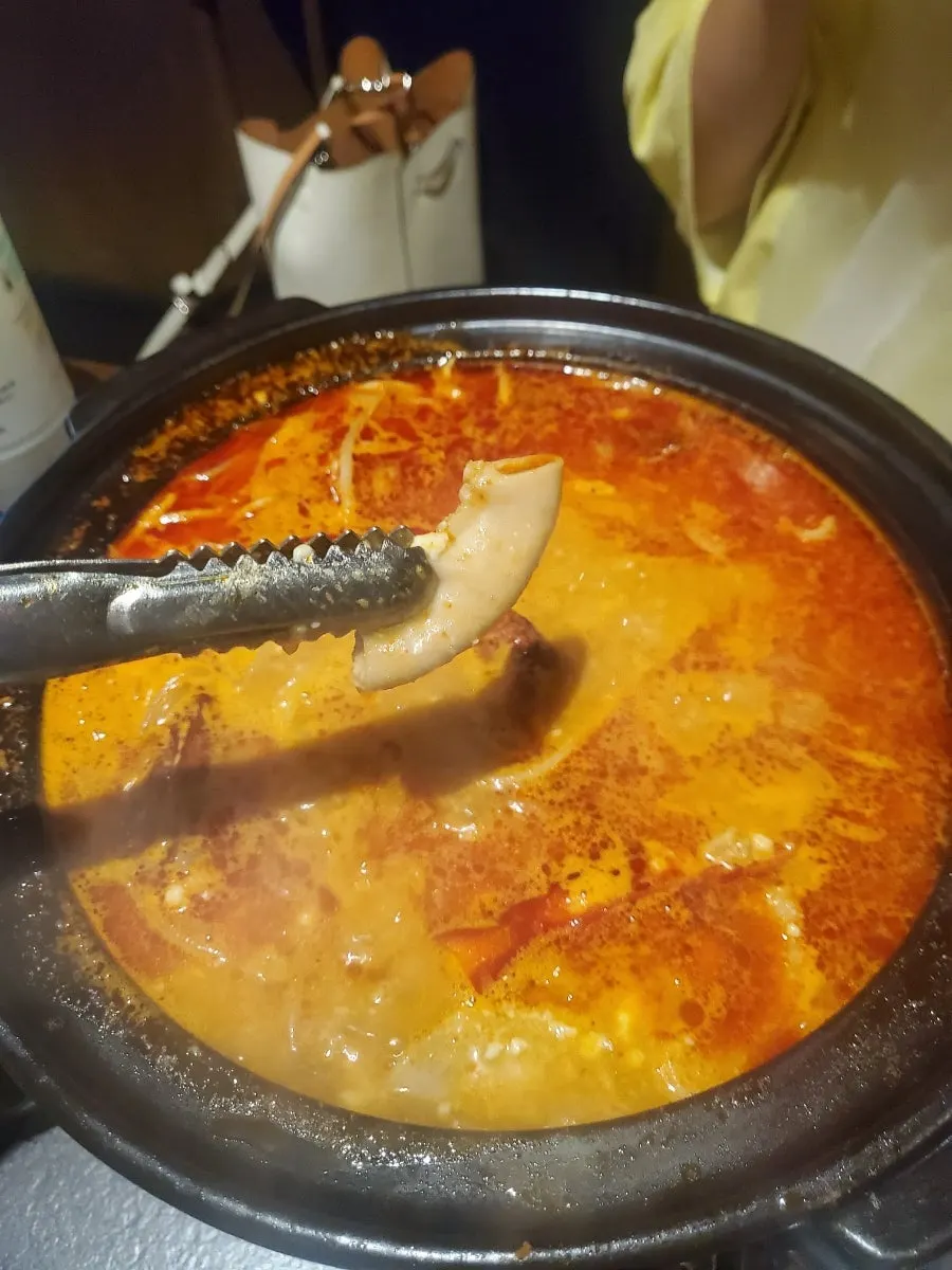 Close-up of the spicy beef tripe soft tofu stew