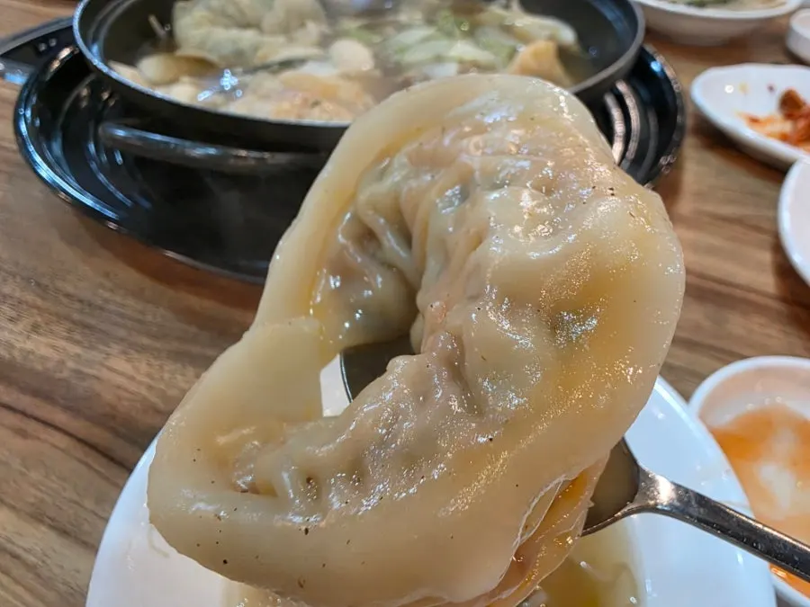 손으로 빚은 투박한 모양의 만두