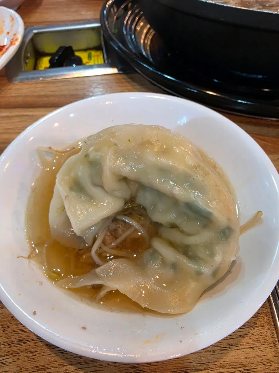 Dumplings and rice cake soaked in broth inside the hot pot