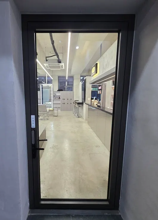 Elevator entrance inside the gray building