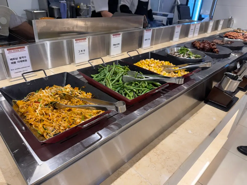 Buffet food stations laid out at Arbe