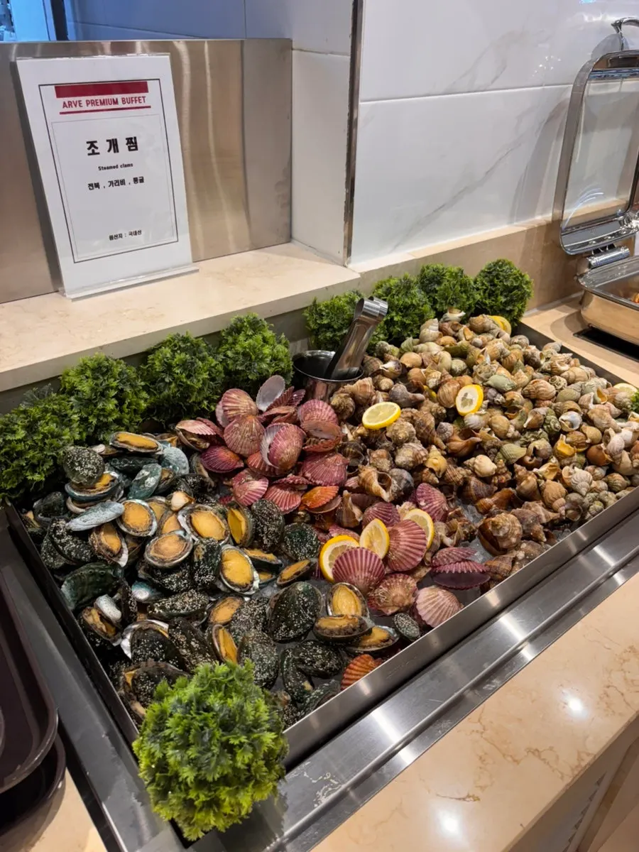 The basement-level reception buffet space