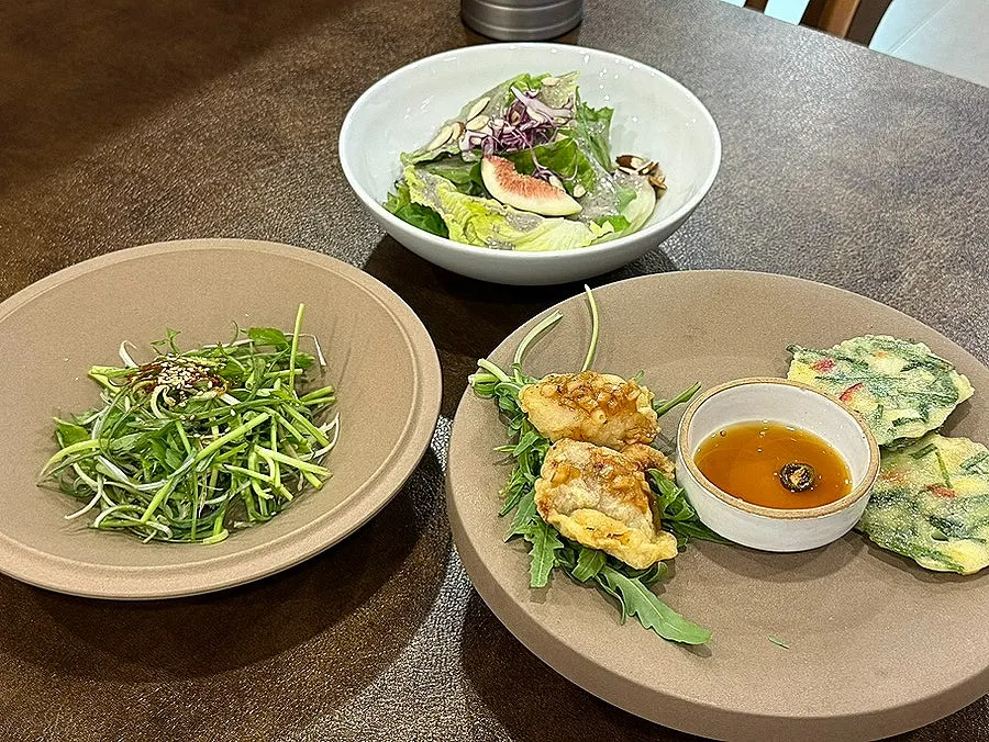 Green onion salad, monkfish fritters, and seasonal jeon