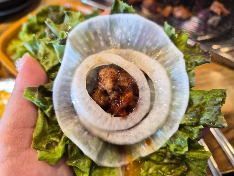 Charcoal pork galbi dipped in ssamjang