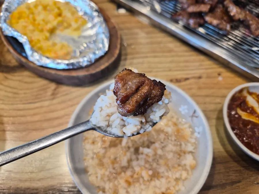 A piece of pork galbi placed on white rice