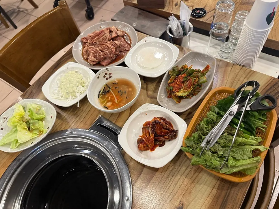 Table spread with pork galbi and basic side dishes