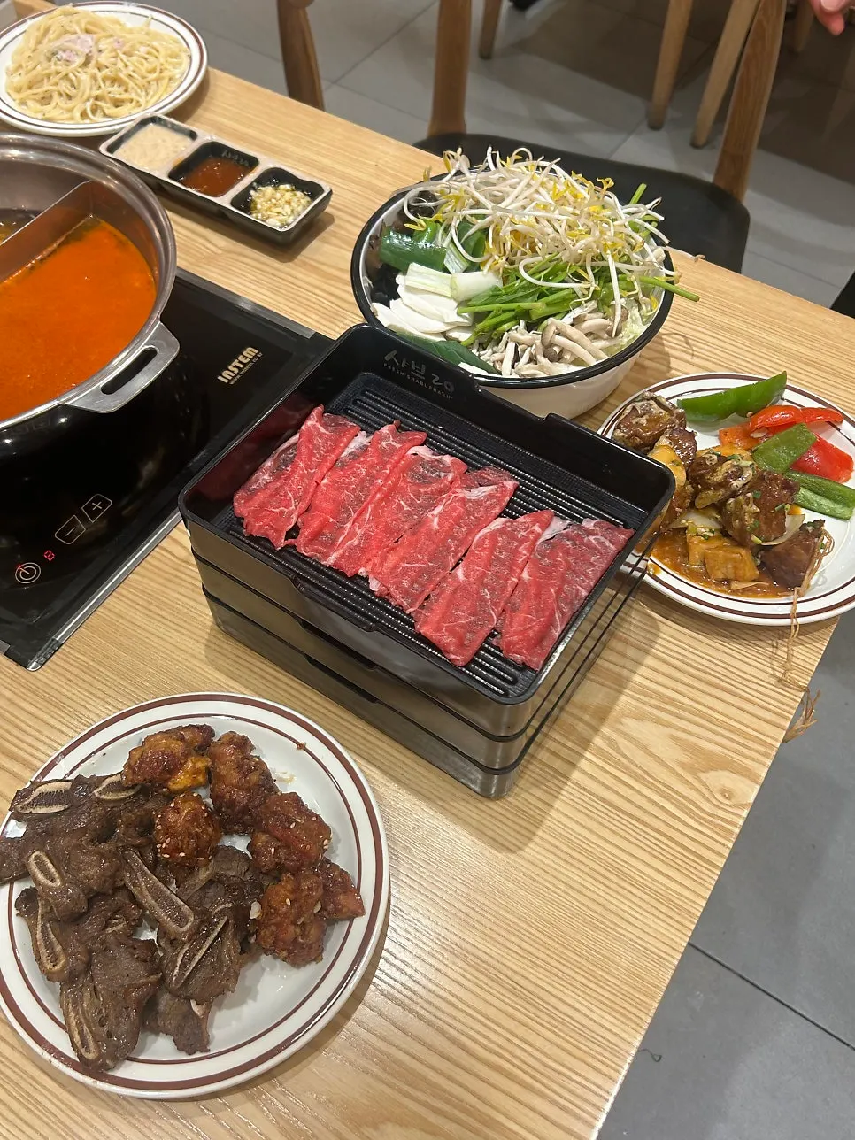 A full table set with buffet dishes