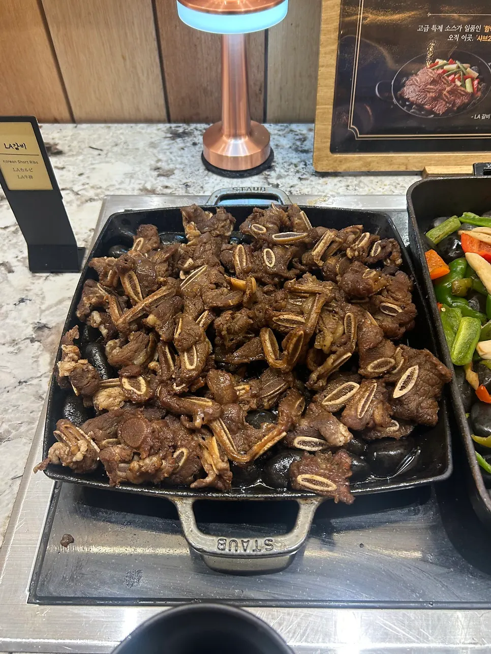 LA galbi and seasoned fried chicken buffet dishes