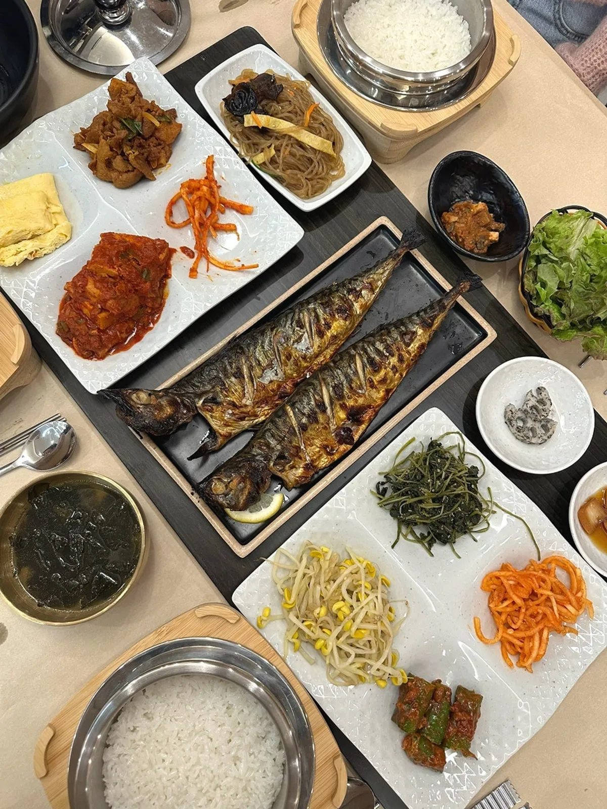 Full table spread of the grilled mackerel set meal