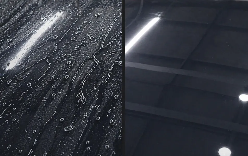 Comparison of water beading on vehicle glass before and after oil-film removal