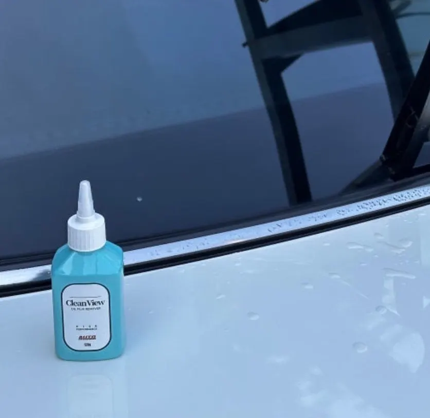 Car glass care using Clean View oil film remover