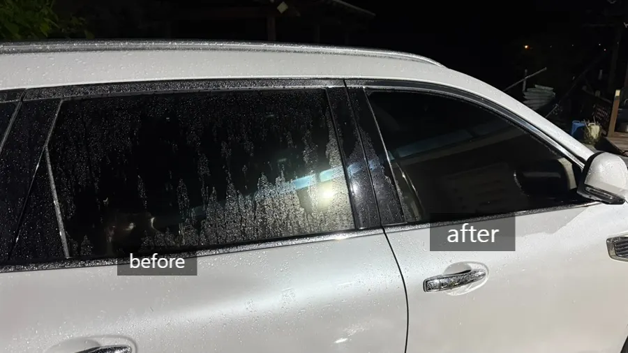 Comparison of front-seat and rear-seat windows before and after oil film removal