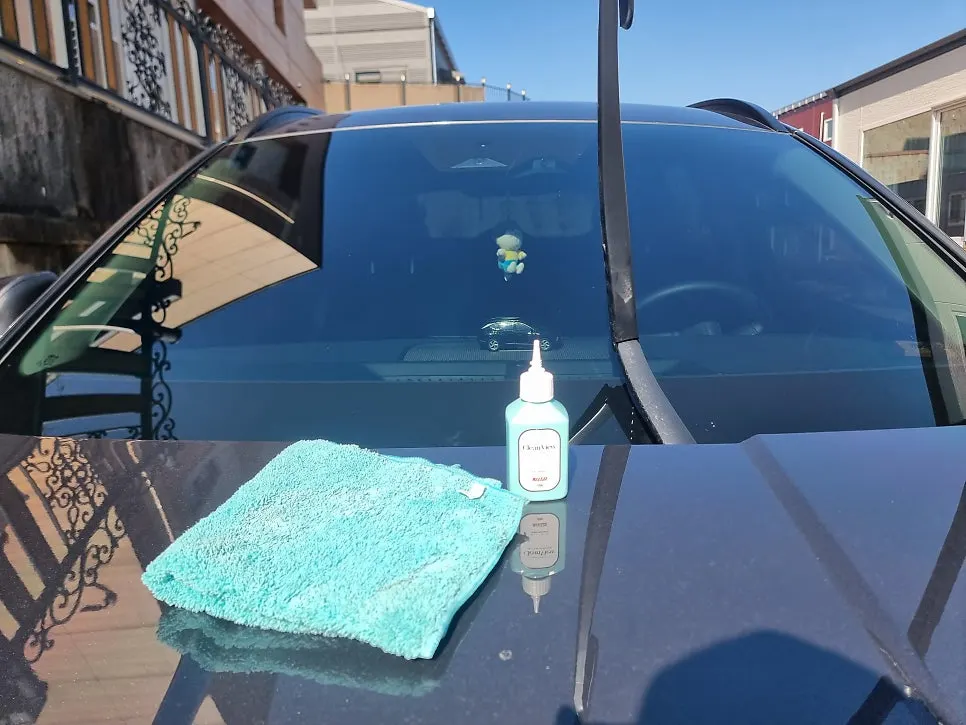 Car glass after completing oil-film removal with Clean View