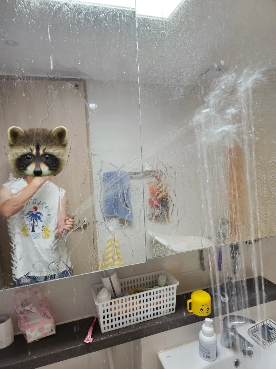 Spraying water onto the bathroom surface to be cleaned