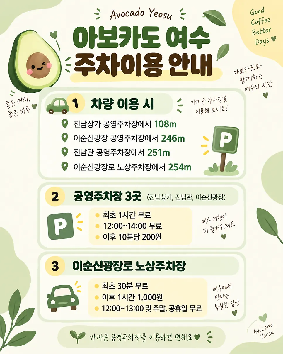 Parking information for Avocado Yeosu