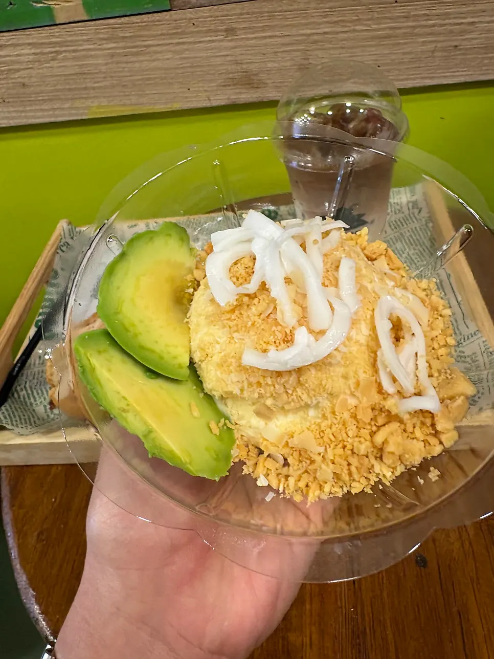 Close-up of the nutty toppings on the avocado dessert
