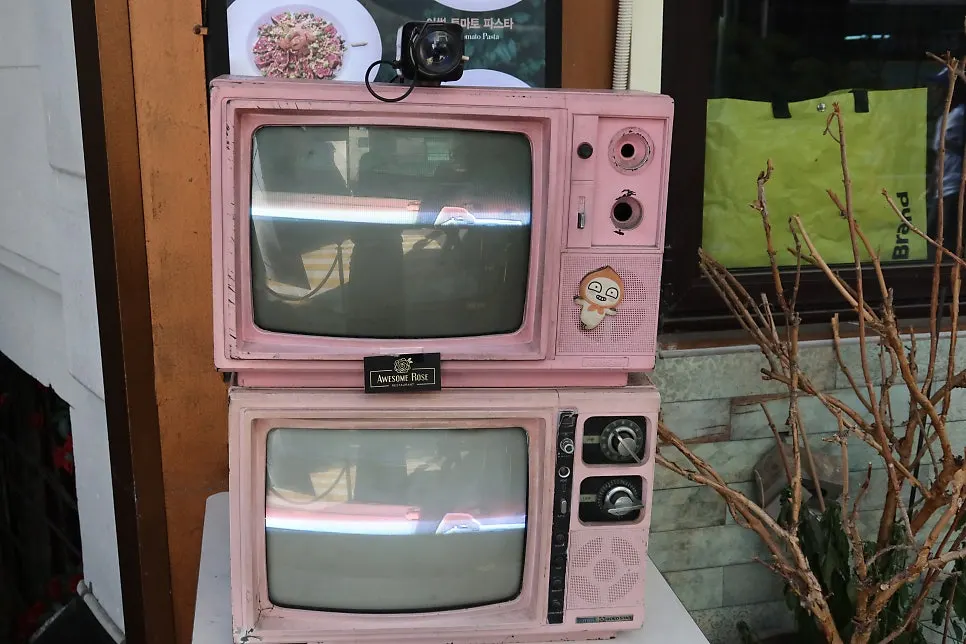 The pink vintage TV decoration at the entrance