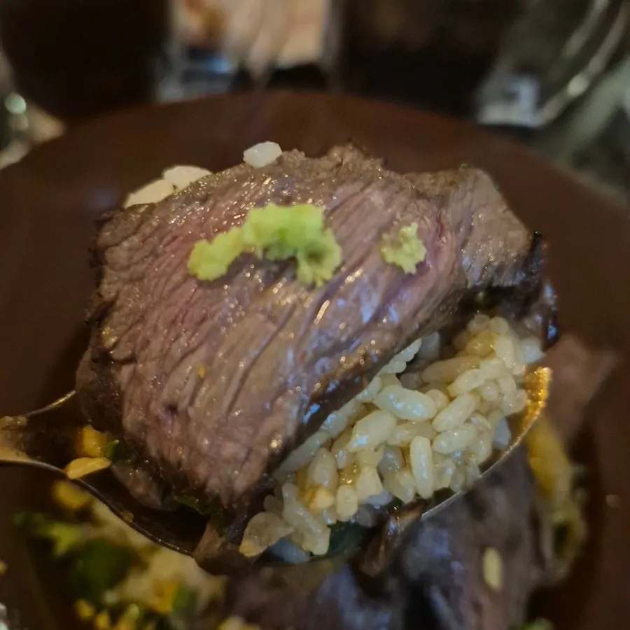 Steak rice bowl served with garlic flakes and wasabi