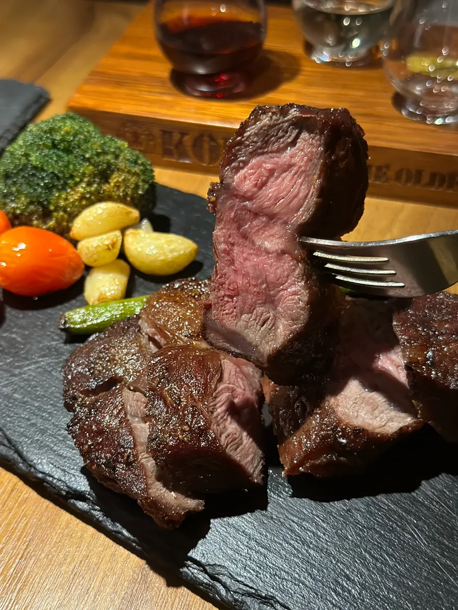 Cross-section of thickly sliced hanger steak