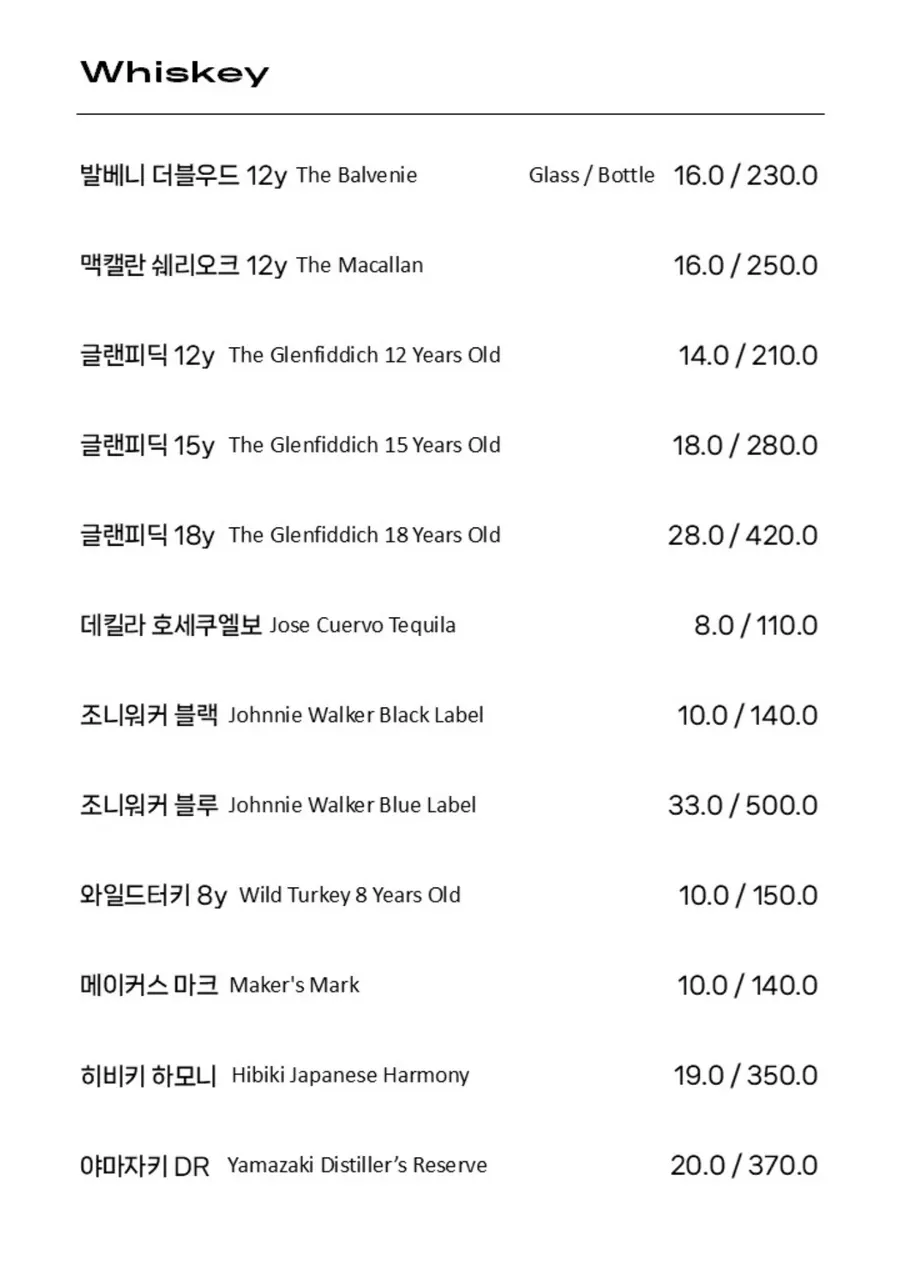 바차 정자점 주류 및 안주 메뉴판