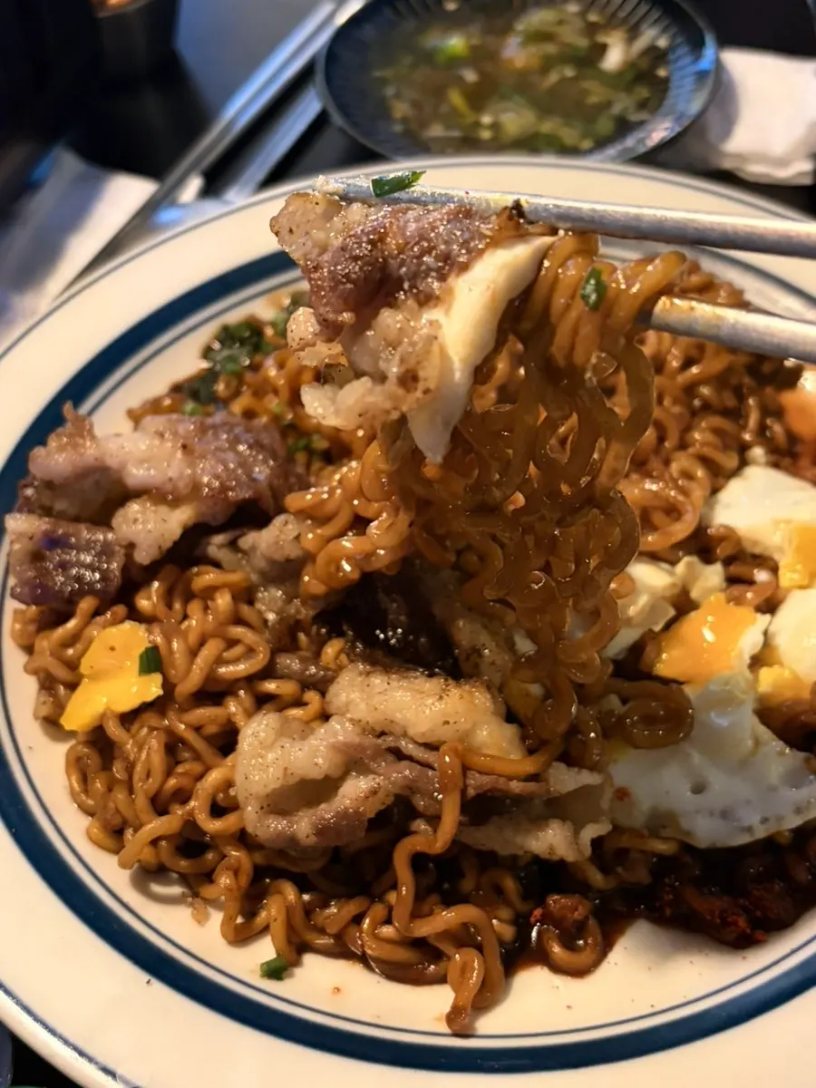 Kimchi served alongside the beef brisket jjapaghetti