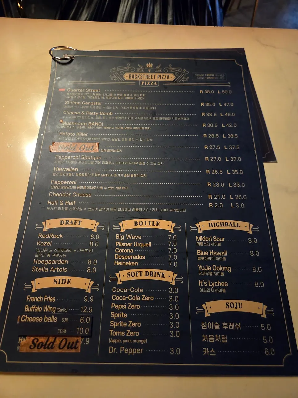 Backstreet Pizza's pizza menu board