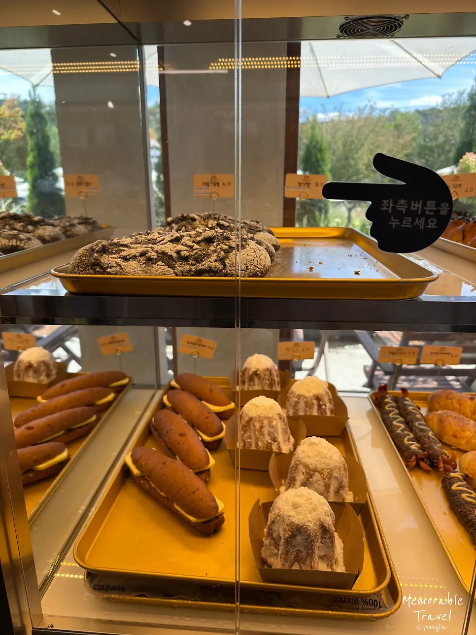 Display case with salt bread and other baked goods