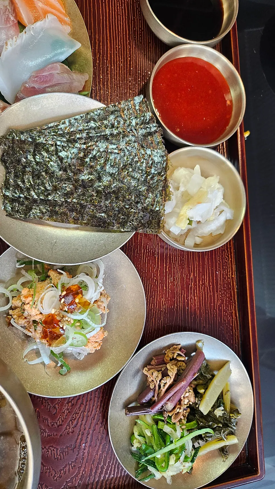Close-up of a plate with 8 to 12 kinds of aged sashimi