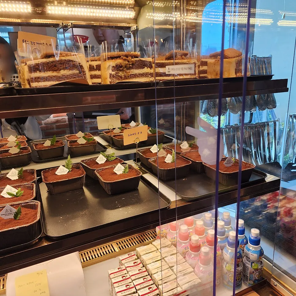 Showcase with various cake slices