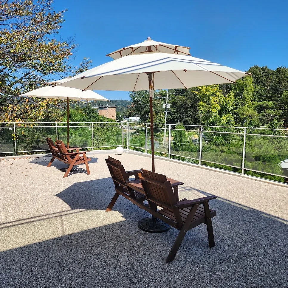 Second-floor terrace seating at Baedagol Bakery House